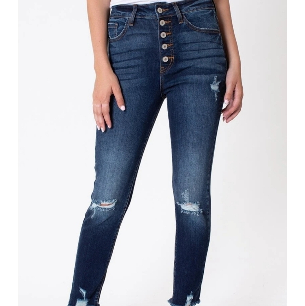 KanCan Karlee Ultra High Rise Dark Wash Distressed Button Fly Skinny Ankle Jean